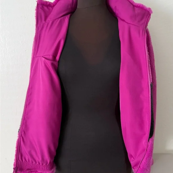 Nike Sportswear Faux Fur Swoosh Jacket Velvet Magenta and black